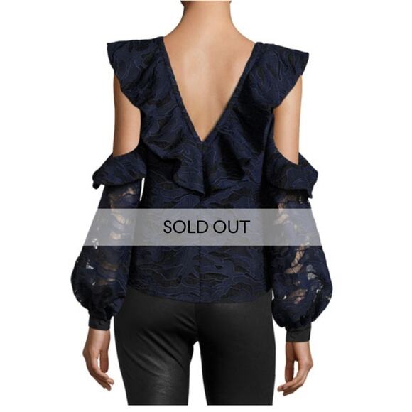 Self-Portrait Navy Guipure Lace Ruffled Cold Shoulder Blouse (US 2) - Picture 8 of 8
